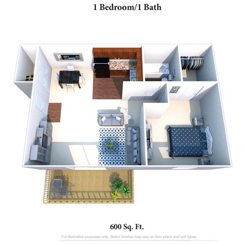Floor plan for 1 bed, 1 bath, 600 sqft